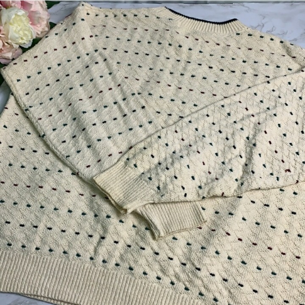 Vintage American Crew Club Cream Dot Print Long Sleeve Sweater Size XL